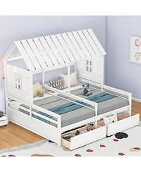 Twin House Platform Beds with Two Drawers for Boy and Girl Shared Beds, Combination of 2 Side by