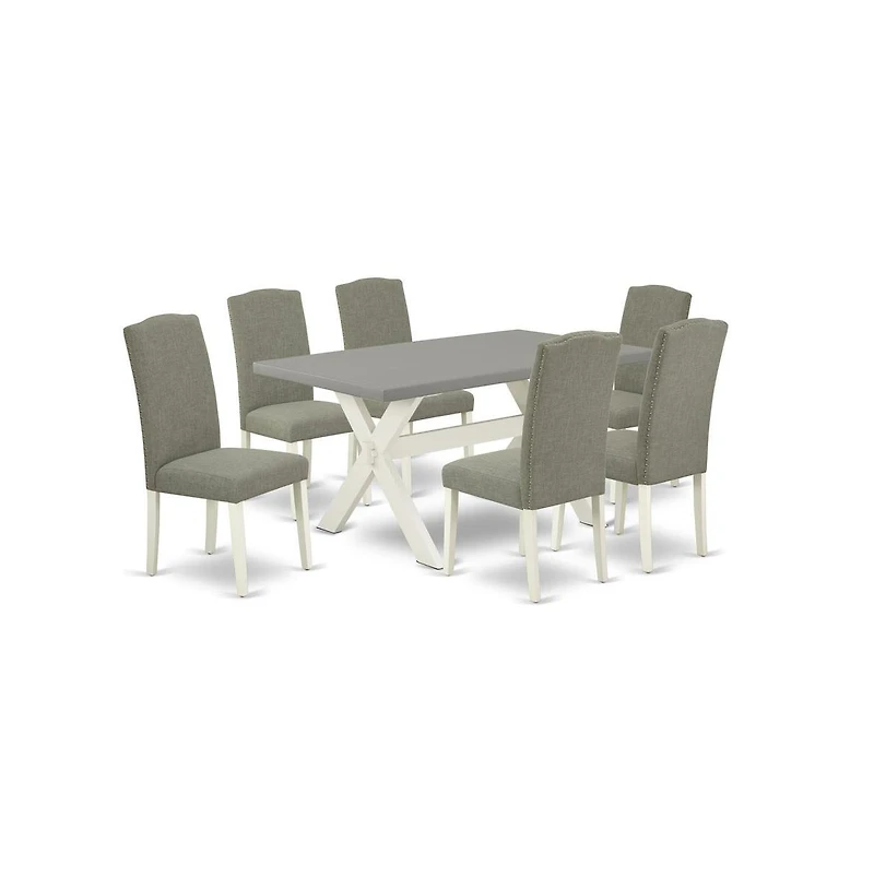 East West Furniture 7-Piece Stylish a Good Cement Color rectangular Table Top and 6 Excellent Linen Fabric Parson Dining Room Chairs with Nail Heads a