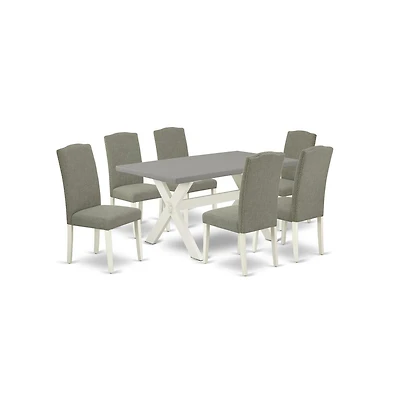 East West Furniture 7-Piece Stylish a Good Cement Color rectangular Table Top and 6 Excellent Linen Fabric Parson Dining Room Chairs with Nail Heads a