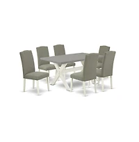 East West Furniture 7-Piece Stylish a Good Cement Color rectangular Table Top and 6 Excellent Linen Fabric Parson Dining Room Chairs with Nail Heads a