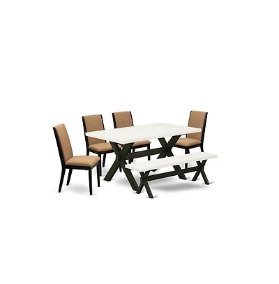 East West Furniture 6-Piece Awesome Modern Dining Table Set a Good Linen White Color Dining Table Top and Linen White Color Kitchen Bench and 4 Excell