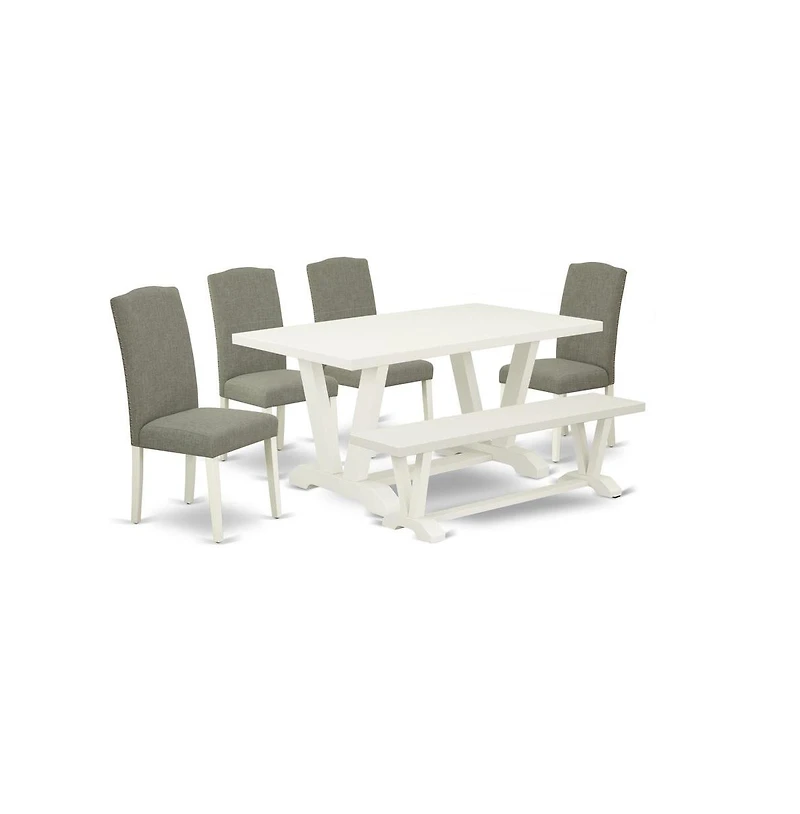 East West Furniture Table Dining Set-Dark Shitake Linen Fabric Seat and Stylish Chair Back Kitchen chairs, A Bench and Rectangular Table with Hardwood