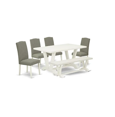 East West Furniture Table Dining Set-Dark Shitake Linen Fabric Seat and Stylish Chair Back Kitchen chairs, A Bench and Rectangular Table with Hardwood