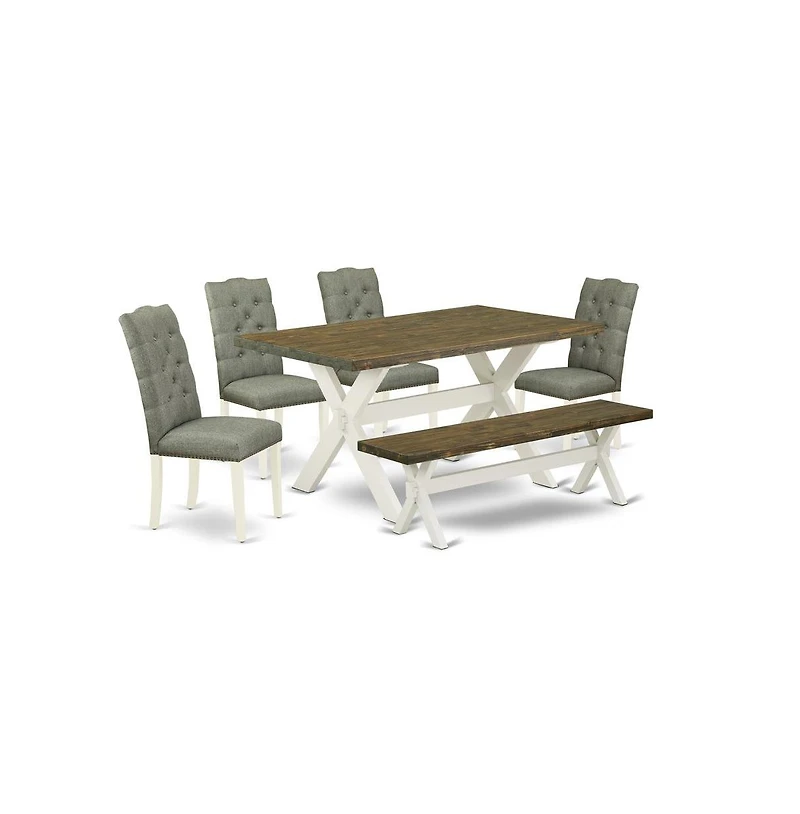 East West Furniture 6-Pc Dining Table Set- 4 Dining Room Chairs with Smoke Linen Fabric Seat and Button Tufted Chair Back