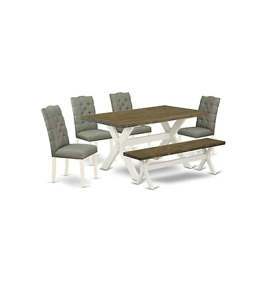 East West Furniture 6-Pc Dining Table Set- 4 Dining Room Chairs with Smoke Linen Fabric Seat and Button Tufted Chair Back