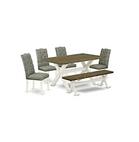 East West Furniture 6-Pc Dining Table Set- 4 Dining Room Chairs with Smoke Linen Fabric Seat and Button Tufted Chair Back