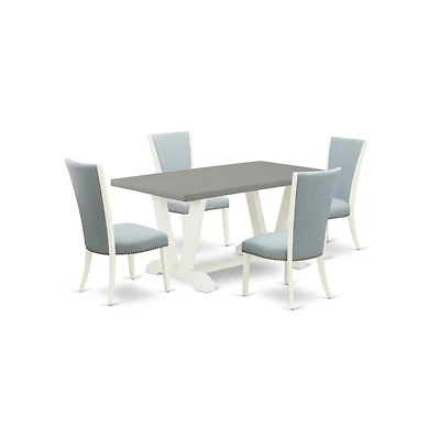 East West Furniture 5 Piece Dining Room Table Set - 4 Baby Blue Linen Fabric Dining Room Chair with Nail heads and Cement Dining Room Table