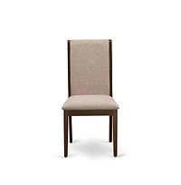 East West Furniture 3 Piece Dining Table Set - 1 Pedestal Table and 2 Light Tan Dinning Chairs - Mahogany Finish