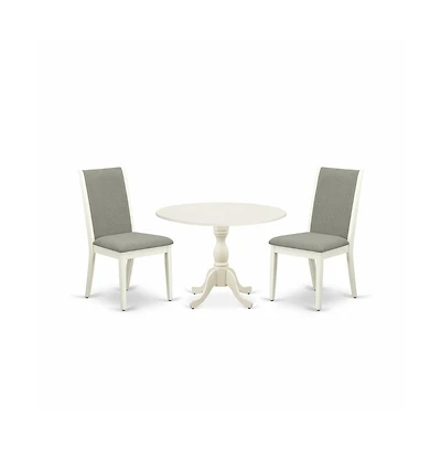 East West Furniture 3 Piece Wooden Dining Table Set Includes 1 Drop Leaves Dining Table and 2 Shitake Linen Fabric Upholstered Dining Chair with High