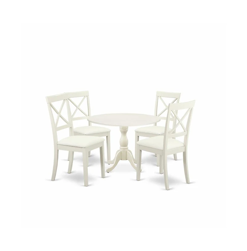 East West Furniture 5 Piece Dining Room Set Includes 1 Drop Leaves Dining Room Table and 4 Linen White Faux Leather Mid Century Dining Chairs with X-B