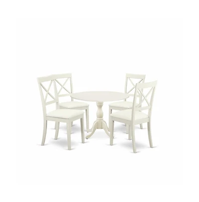 East West Furniture 5 Piece Dining Room Set Includes 1 Drop Leaves Dining Room Table and 4 Linen White Faux Leather Mid Century Dining Chairs with X-B