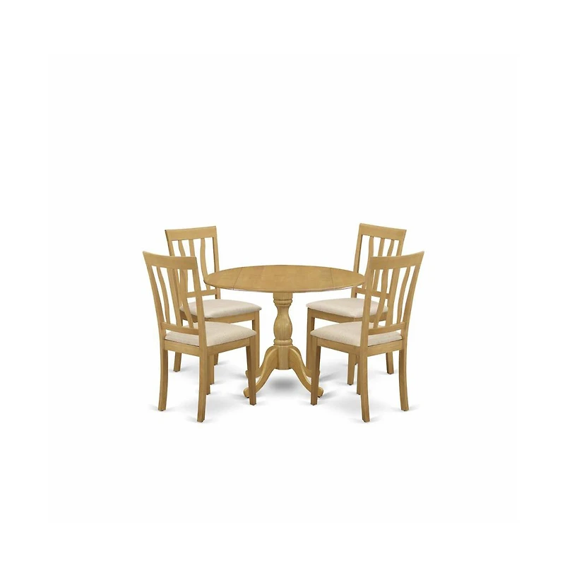 East West Furniture 5 Piece Dining Table Set - Oak Dining Room Table and 4 Oak Linen Fabric Dining Room Chairs with Slatted Back - Oak Finish