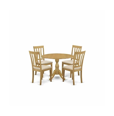 East West Furniture 5 Piece Dining Table Set - Oak Dining Room Table and 4 Oak Linen Fabric Dining Room Chairs with Slatted Back - Oak Finish