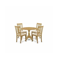 East West Furniture 5 Piece Dining Table Set - Oak Dining Room Table and 4 Oak Linen Fabric Dining Room Chairs with Slatted Back - Oak Finish