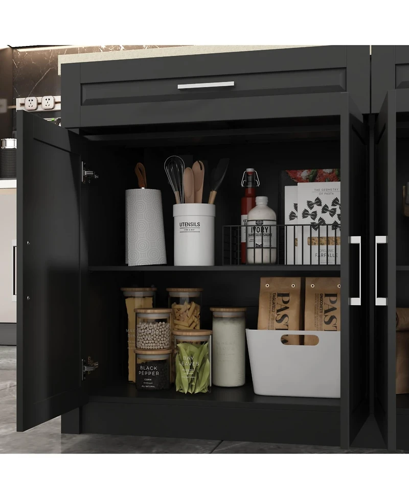 Kitchen island with 2 drawers, 4 doors, kitchen island storage table with sockets, coffee station and microwave rack for home, dining