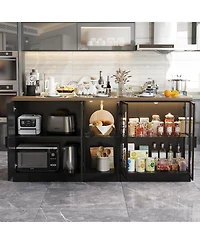 Kitchen island with 3 drawers, glass shelves, light strip, kitchen island storage table with dining table, coffee station and microwave rack for home,