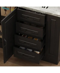 Kitchen island with 4 drawers, 4 doors, sockets, kitchen island storage table with dining table, coffee station and microwave rack for home, dining ro