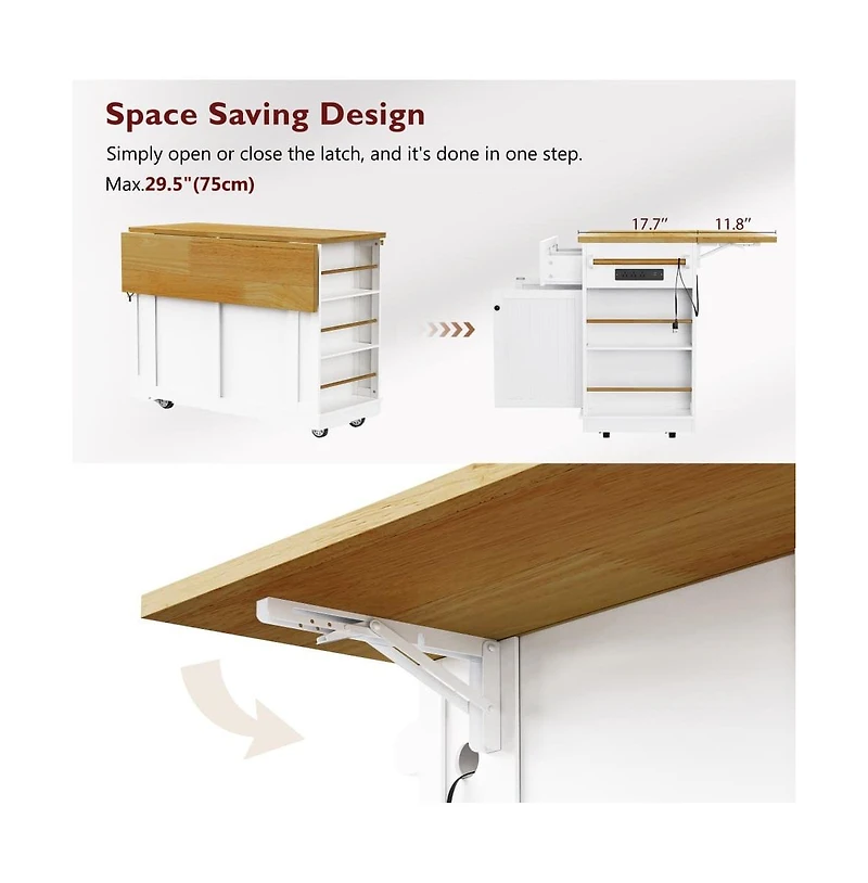 Maison Boucle 48'' Farmhouse-Style White Kitchen Island Cart with Foldable Countertop, Power Strip, 5 Side Racks, and Drawers-Maison Boucle