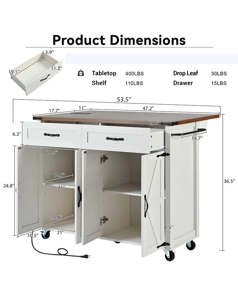 Maison Boucle 47.2" White Farmhouse Rolling Kitchen Island Cart with Drop Leaf, Power Outlet, Spice Rack, Drawers & Storage Cabinet-Maison