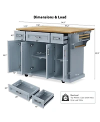 Maison Boucle 47.2" Grey Blue Kitchen Island Cart with Drop Leaf, Drawers, Cabinets, Adjustable Shelves & Spice Rack on Wheels-Maison