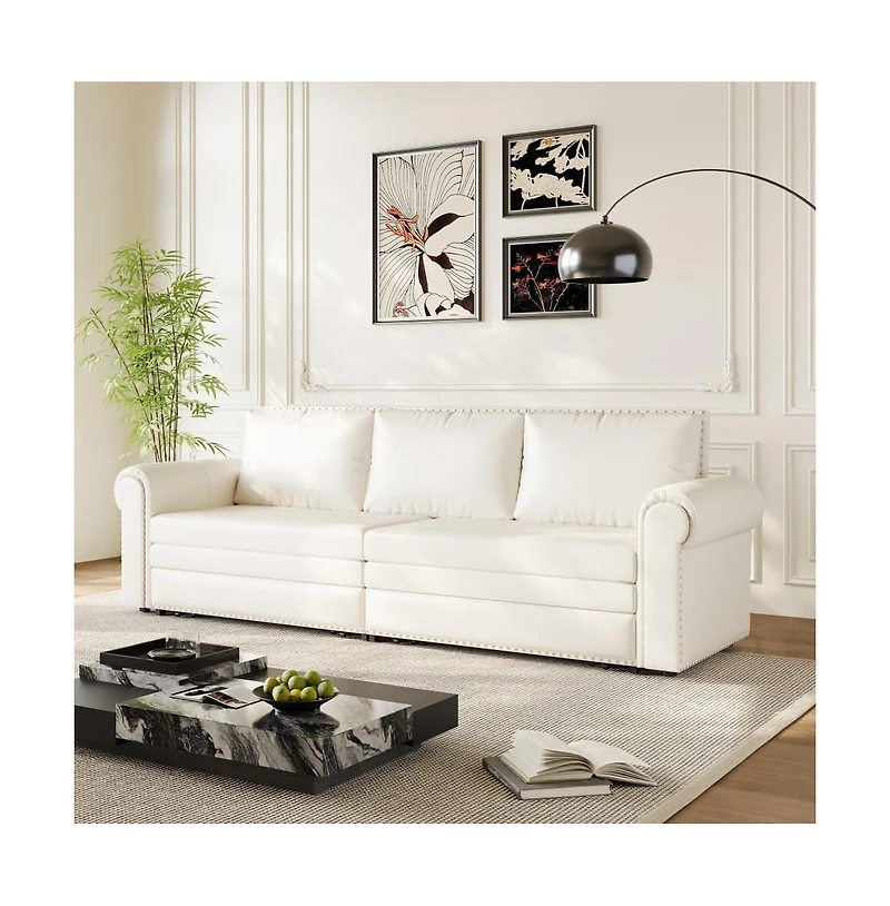 Maison Boucle 93.7" Faux Leather King Pull Out Sofa Bed, 3-in-1 Convertible Sleeper Couch with Rolled Arms & Nailhead Trim for Living Room-Maison Bouc