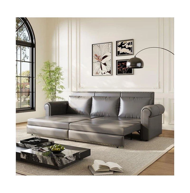 Maison Boucle 93.7" Faux Leather King Pull Out Sofa Bed, 3-in-1 Convertible Sleeper Couch with Rolled Arms & Nailhead Trim for Living Room-Maison Bouc