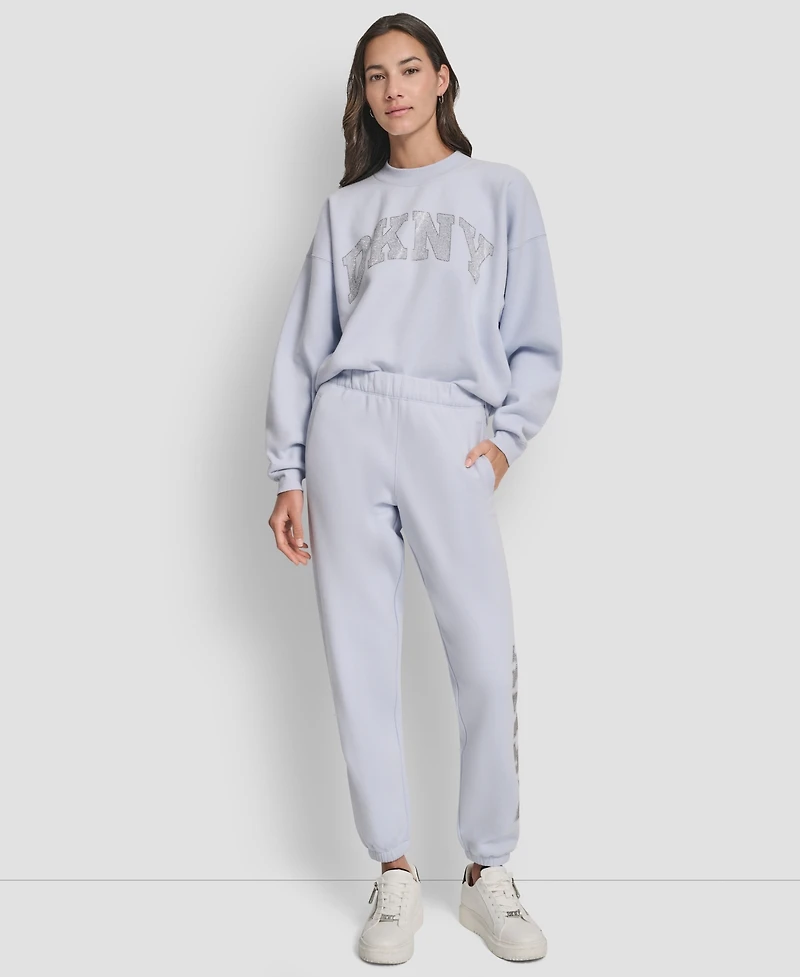 Dkny Women's Exploded Rhinestone Varsity Logo High Rise Relaxed Jogger