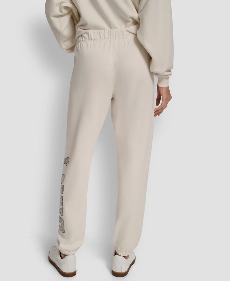 Dkny Women's Exploded Rhinestone Varsity Logo High Rise Relaxed Jogger
