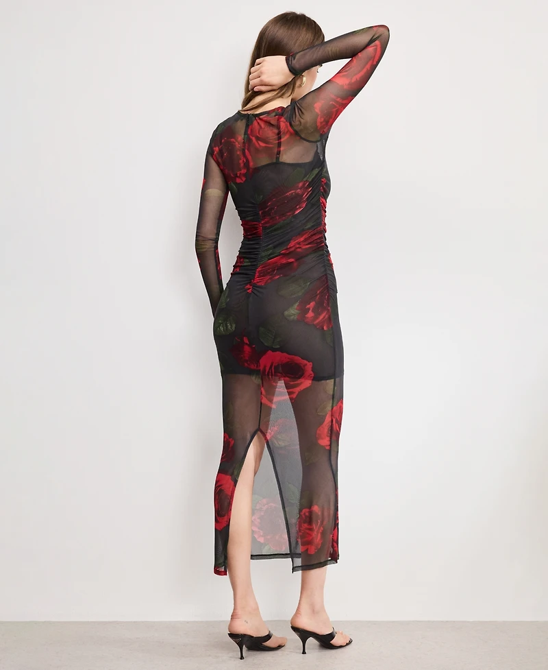 Good American Women's Mesh Ruched Long Sleeve Maxi Dress, Regular and Plus