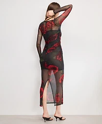 Good American Women's Mesh Ruched Long Sleeve Maxi Dress, Regular and Plus