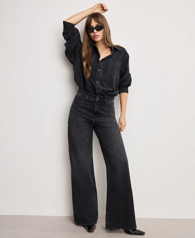 Good American Women's Denim Long Sleeve Shirt Jumpsuit, Regular and Plus