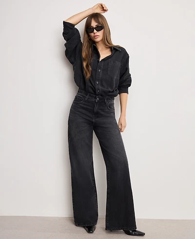 Good American Women's Denim Long Sleeve Shirt Jumpsuit, Regular and Plus