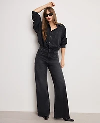 Good American Women's Denim Long Sleeve Shirt Jumpsuit, Regular and Plus