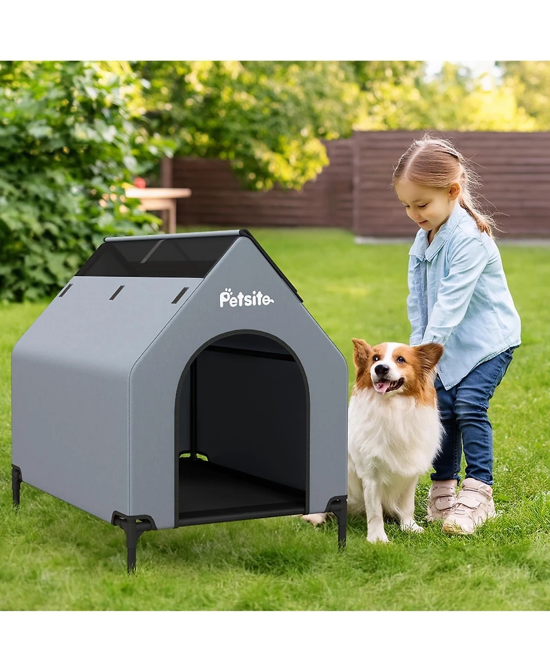 Gymax 36'' Elevated Dog House for Small Breeds Large Pet House w/ Ventilated Windows