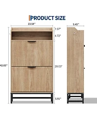 gaomon Narrow Shoe Cabinet Storage for Entryway, Modern Fluted Shoe Rack Organizer with 2 Flip Drawers and an Open Shelf for Hallway, Living Room, Nat