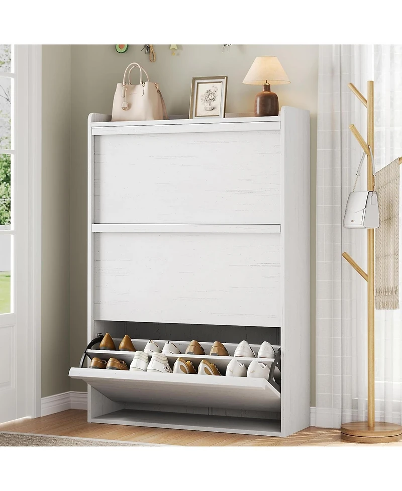 gaomon Shoe Cabinet with 3 Flip Drawers, Modern Shoe Rack Storage Organizer with 3-Tier Adjustable Shelves,Shoe Cabinet for Entryway,Living Room,White
