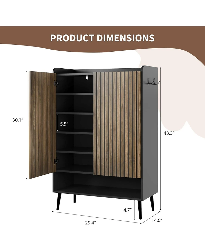 Shoe Cabinet，Large Shoe Cabinet with 2 Doors,Adjustable Shelves, Shoe Organizer with Doors for Hallway, Entryway, Living Room,Black+Nut-Brown