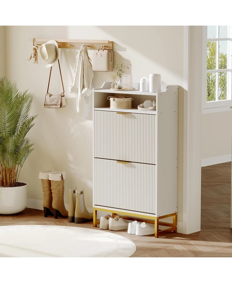 gaomon Narrow Shoe Cabinet Storage for Entryway, Modern Fluted Shoe Rack Organizer with 2 Flip Drawers and an Open Shelf for Hallway, Living Room, Whi