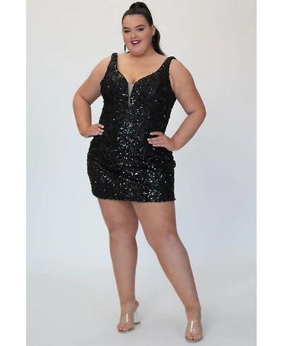 Sydney's Closet Sequin & 3D Floral Lace Mini Black Party Dress