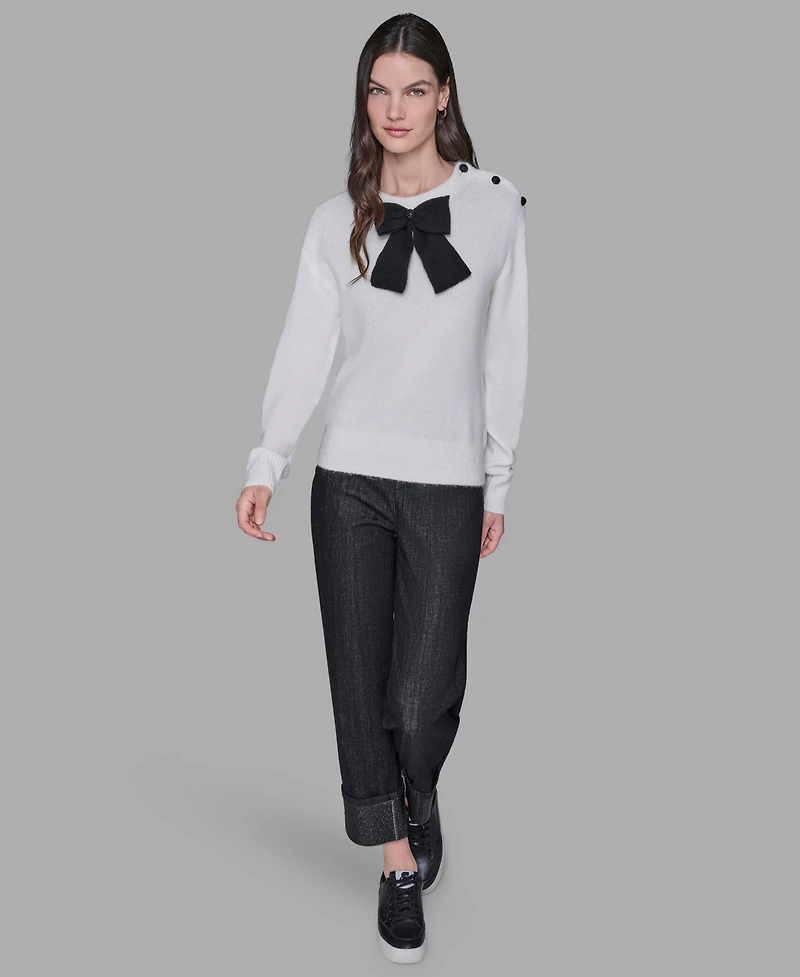 Karl Lagerfeld Paris Women's Big Bow Applique Long Sleeve Sweater