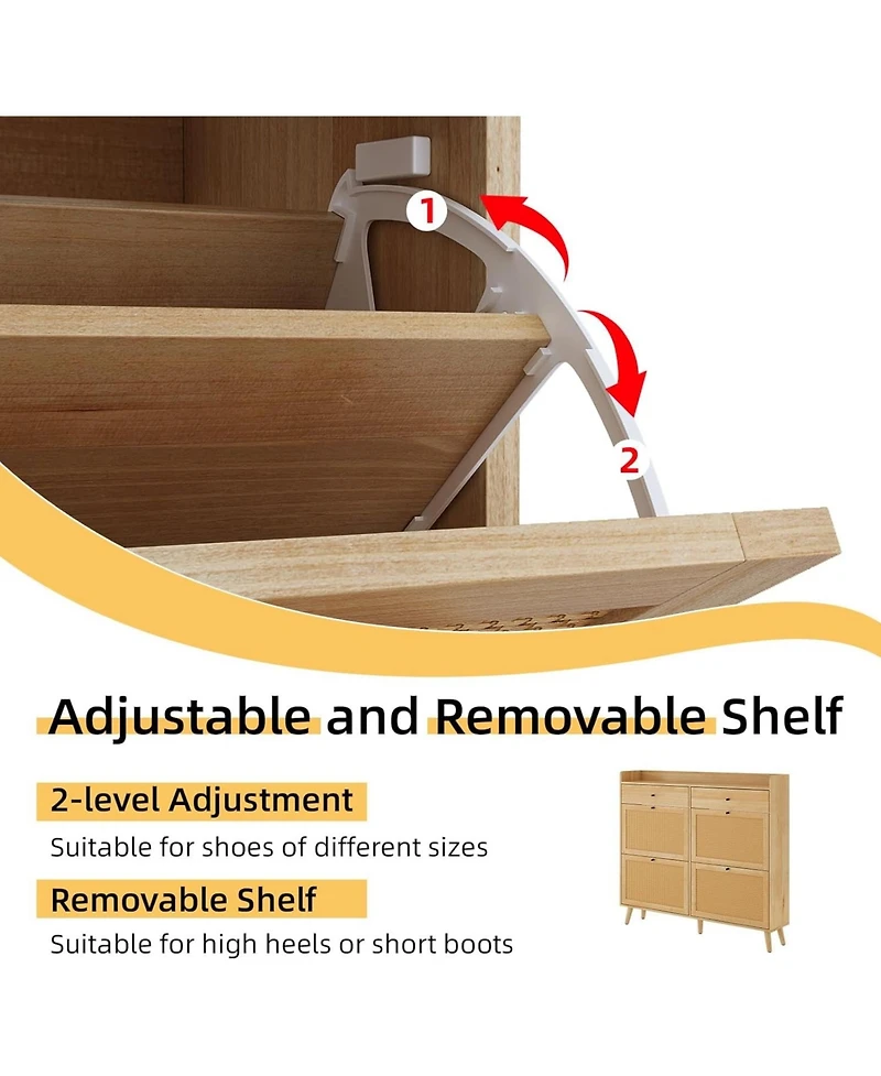 gaomon Shoe Cabinet Storage with 4 Flip Drawers, Rattan Narrow Shoe Rack Cabinet Storage for Entryway Hallway Living Room Closet, Nature Oak
