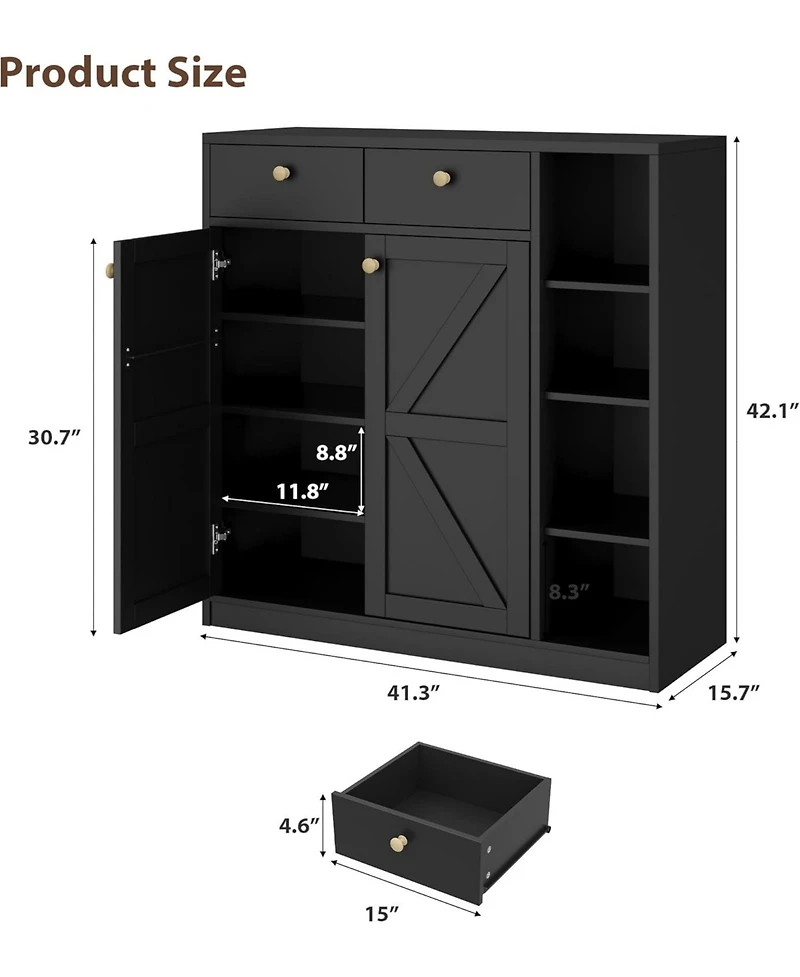 gaomon 42" Tall Modern Shoe Storage Cabinet with Doors and Drawers,3 Adjustable Shelves and Stable Base, 4-Tier Shoes Rack Organizer Cabinet, Black