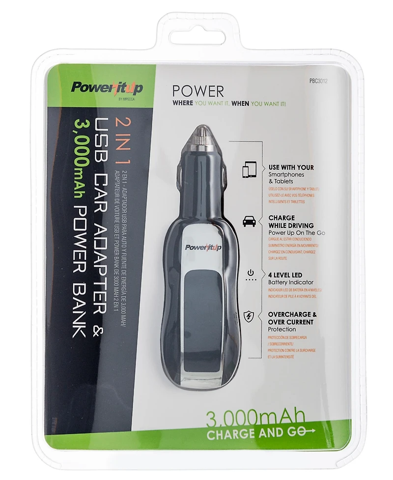 Impecca 2-in-1 Usb Car Adapter & 3,000 mAh Power Bank