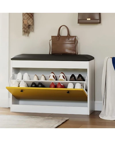 gaomon Shoe Storage Bench, 31.5'' Shoe Organizer Bench with Flip Drawer & Pu Cushion, Modern Entryway Shoe Cabinet for Hallway, Bedroom, Living Room