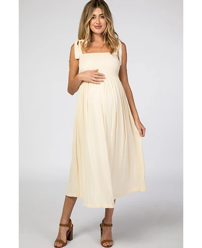 Pinkblush Maternity Beige Smocked Tie Strap Midi Dress