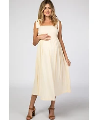 Pinkblush Maternity Beige Smocked Tie Strap Midi Dress