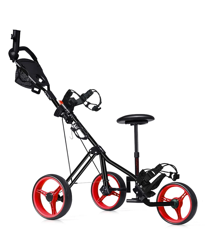 Foldable 3 Wheels Push Pull Golf Trolley with Scoreboard Bag-Red