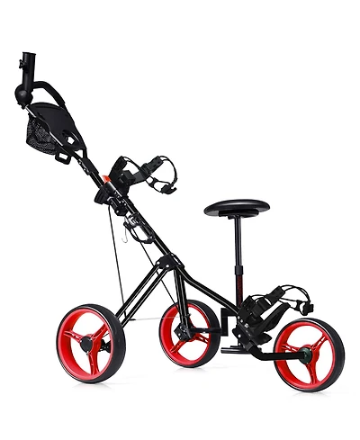 Foldable 3 Wheels Push Pull Golf Trolley with Scoreboard Bag-Red