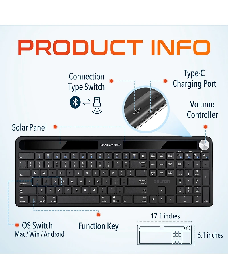 Delton KB90 Wireless Solar (Light-Powered) Rechargeable Keyboard, No Batteries (DKBSLR90)
