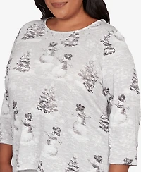 Alfred Dunner Plus Stockbridge Playful Snowmen Scene Knit Top